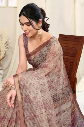 Beige kota doria floral/paisley print golden zari border saree with unstitched blouse piece