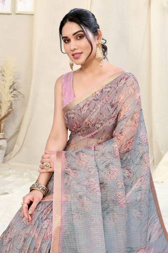 Grey Kota Doria Floral Print Golden Zari Border Saree With Unstitched Blouse Piece