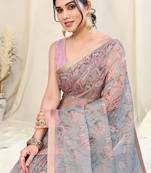 Grey Kota Doria Floral Print Golden Zari Border Saree With Unstitched Blouse Piece