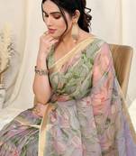 Light dusty purple kota doria floral print golden zari border saree with unstitched blouse piece
