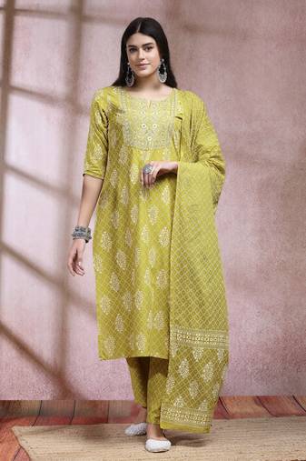 Stylum women's green printed & embroidered rayon straight kurta pant dupatta set