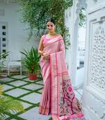 Pink soft Faux kanjivaram silk saree with rich paithani pallu and contrast blouse