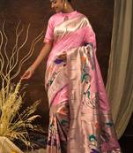 Pink soft paithani saree with fancy  meena & zari weaves with contrast border