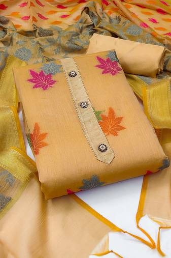 Beige Banarasi Jacquard Unstitched Dress Material