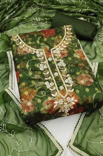 Green Organza Banarasi Dress Material With Inner