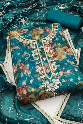 Turquoise Organza Banarasi Dress Material With Inner