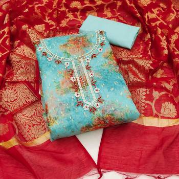 Sky Blue Organza Banarasi Unstitched Dress Material 1