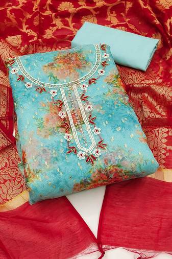 Sky Blue Organza Banarasi Unstitched Dress Material