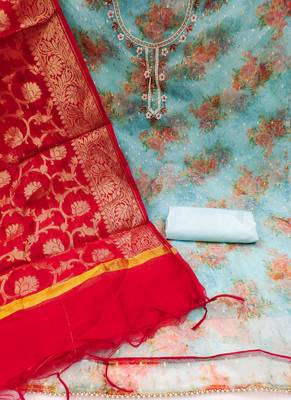 Sky Blue Organza Banarasi Unstitched Dress Material 2