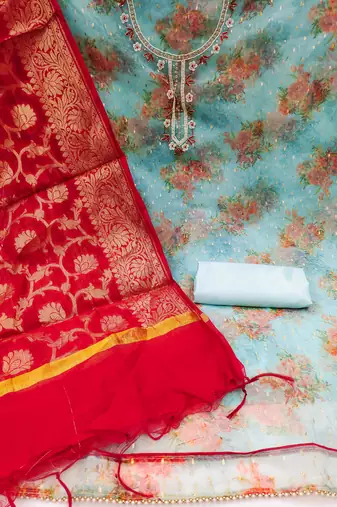 Sky Blue Organza Banarasi Unstitched Dress Material