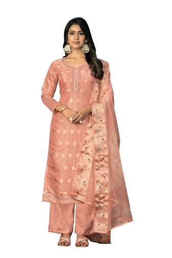 Women's peach unstitched hand work modal cotton jacquard dress material 