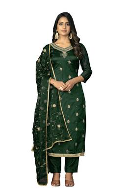 Women's bottle green banarasi jari weaving work organza jacquard dress material 1