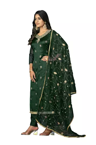 Women's bottle green banarasi jari weaving work organza jacquard dress material