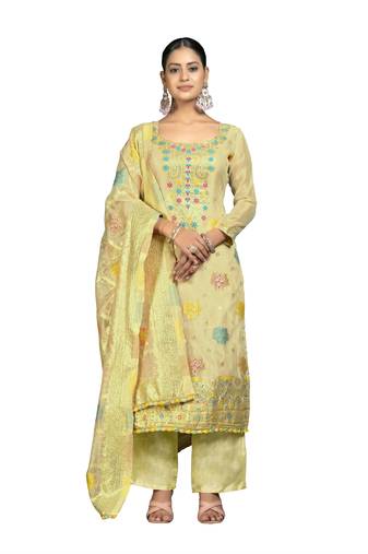 Women's olive green unstitched banarasi jari weaving work organza jacquard dress material (m-msmfc11313d)