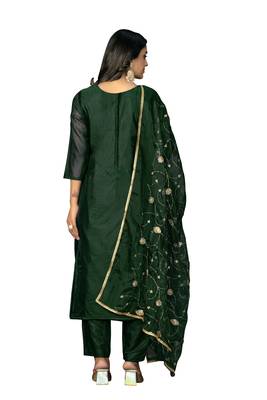 Women's bottle green banarasi jari weaving work organza jacquard dress material 3