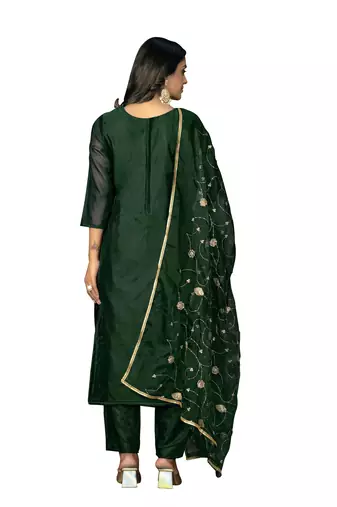 Women's bottle green banarasi jari weaving work organza jacquard dress material