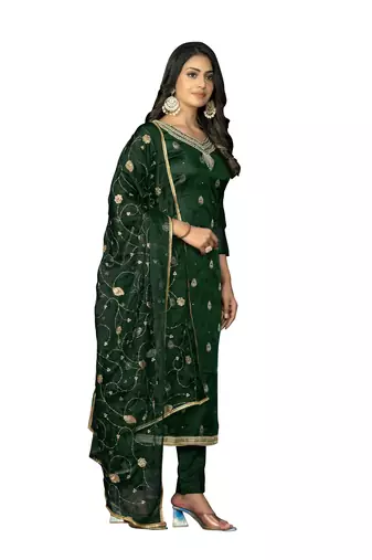 Women's bottle green banarasi jari weaving work organza jacquard dress material