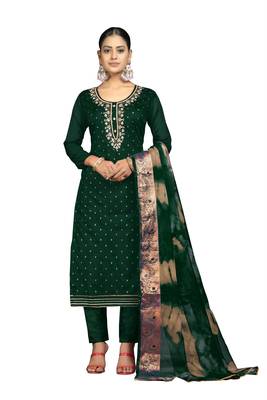 Women's bottle green banarasi jari weaving work cotton jacquard dress material 1