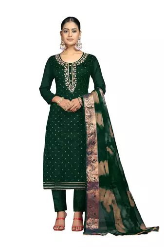 Women's bottle green unstitched banarasi jari weaving work cotton jacquard dress material 