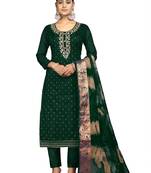 Women's bottle green banarasi jari weaving work cotton jacquard dress material