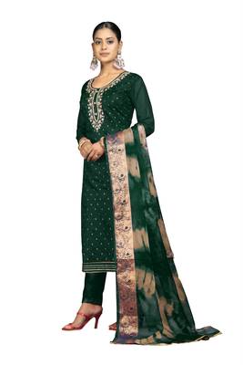 Women's bottle green banarasi jari weaving work cotton jacquard dress material 2