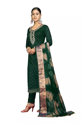 Women's bottle green banarasi jari weaving work cotton jacquard dress material