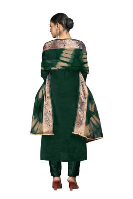 Women's bottle green banarasi jari weaving work cotton jacquard dress material 3