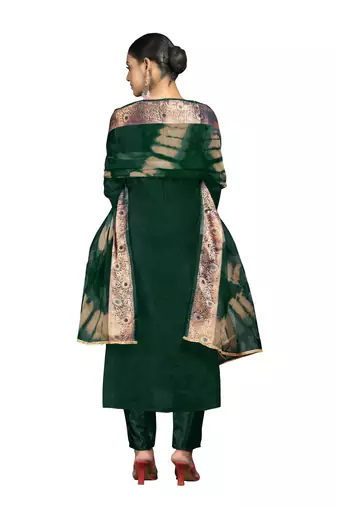 Women's bottle green banarasi jari weaving work cotton jacquard dress material