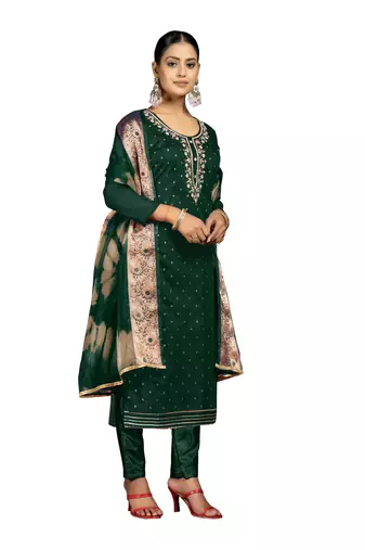 Women's bottle green banarasi jari weaving work cotton jacquard dress material
