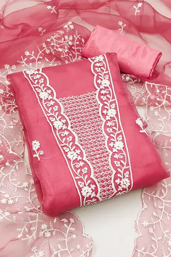 Women's pink embroidery organza dress material
