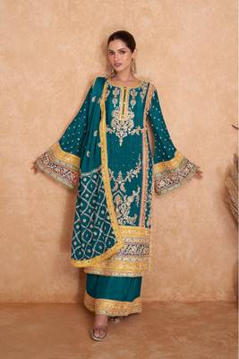 TEAL CHINON EMBROIDERED SALWAR KAMEEZ 1