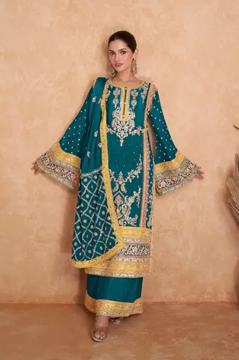 TEAL CHINON EMBROIDERED SALWAR KAMEEZ