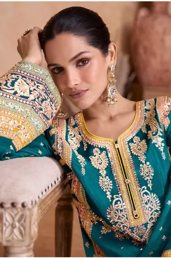TEAL CHINON EMBROIDERED SALWAR KAMEEZ