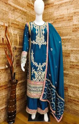 TEAL CHINON EMBROIDERED SALWAR KAMEEZ 3