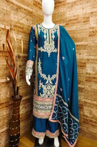 TEAL CHINON EMBROIDERED SALWAR KAMEEZ