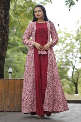 Maroon colour ethnic looking gown with shrug 1