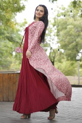 Maroon colour ethnic looking gown with shrug 3