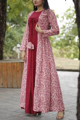 Maroon colour ethnic looking gown with shrug 4