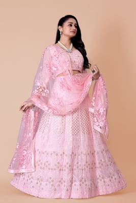 Amazing Pint Sequins Embroidery Work Georgette Lehenga Choli With Dupatta  1