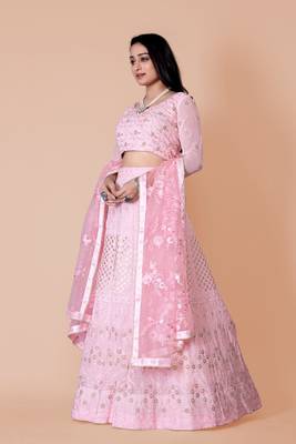 Amazing Pint Sequins Embroidery Work Georgette Lehenga Choli With Dupatta  2