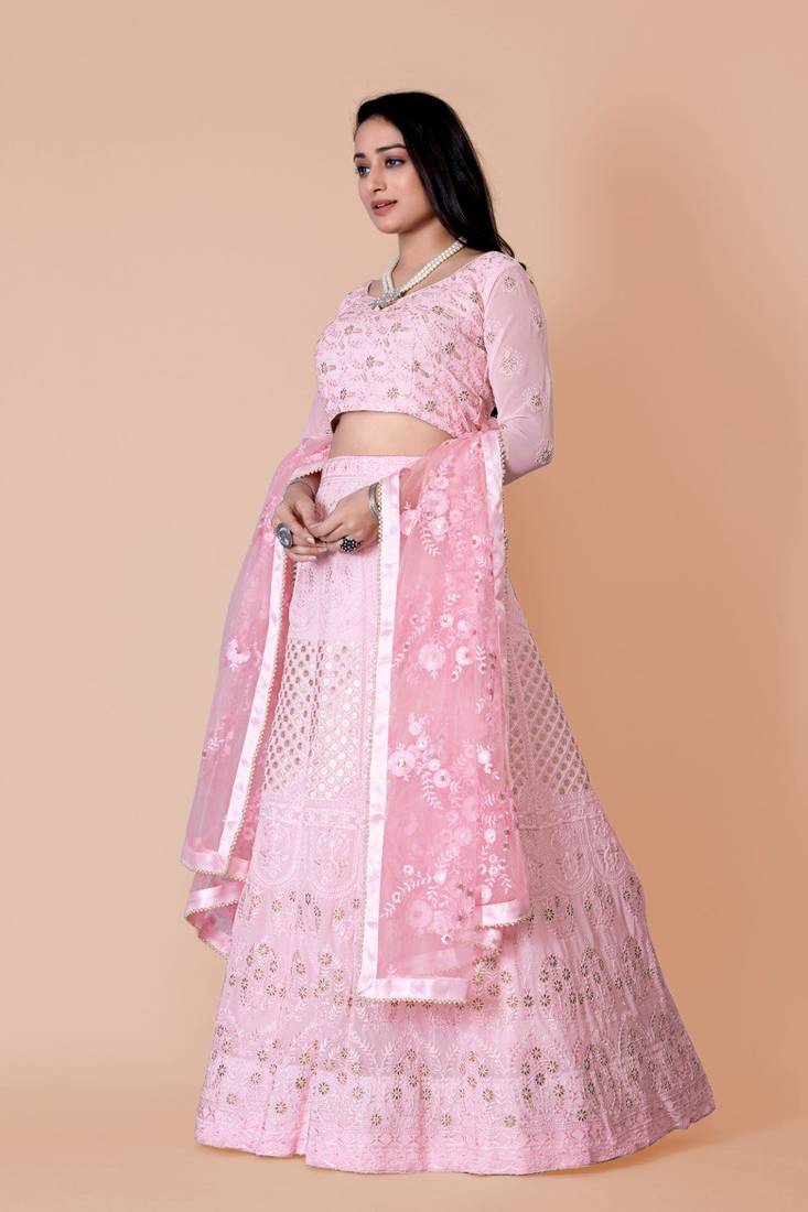 Amazing Pint Sequins Embroidery Work Georgette Lehenga Choli With Dupatta 