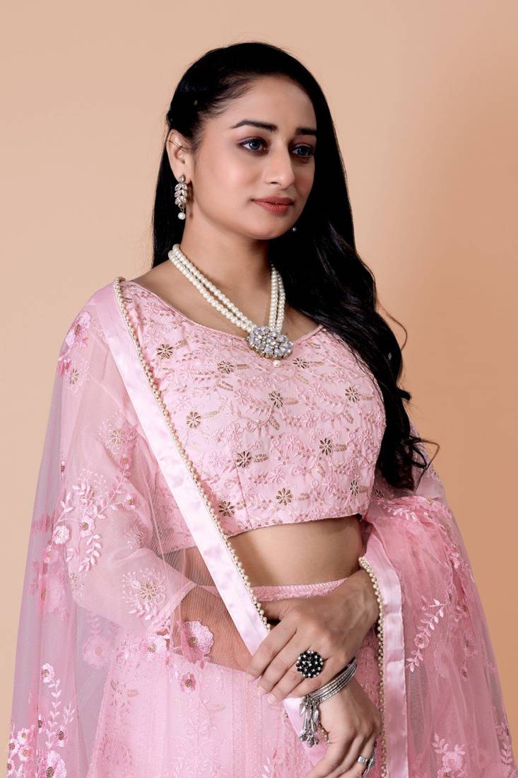 Amazing Pint Sequins Embroidery Work Georgette Lehenga Choli With Dupatta 