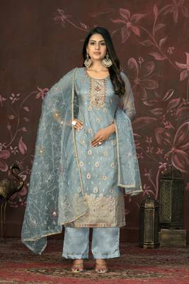 Blue colour smart partywear organza fabric girlish suit 1