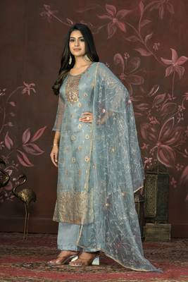 Blue colour smart partywear organza fabric girlish suit 3