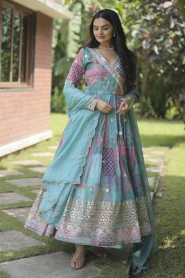 Sky blue colour designer long kurti with dupatta for glamorous girlish looks 1