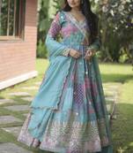 Sky blue colour designer long kurti with dupatta for glamorous girlish looks