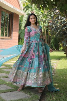 Sky blue colour designer long kurti with dupatta for glamorous girlish looks 2