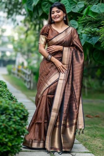 Brown Designer tussar silk blend Saree With Girlish Looks