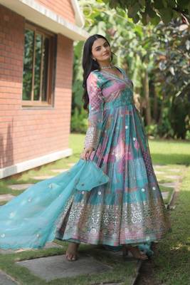 Sky blue colour designer long kurti with dupatta for glamorous girlish looks 4