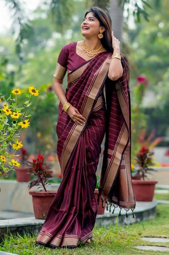 Wine Designer tussar silk blend Saree With Girlish Looks